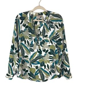 Banana Republic Popover Blouse Top Green Leaf Print Sz S